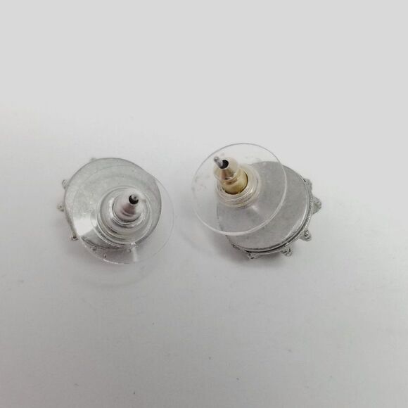 Vintage Blue Rhinestone Cetner Stud Earrings, Silver Tone Rope Twist Setting - Picture 4 of 6